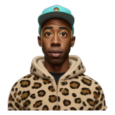 hyper realistic Tyler The Creator with chapka and leopard pullover sticker