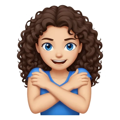 arms crossed around neck angry laughing girl with long dark brown curly hair and blue eyes sticker