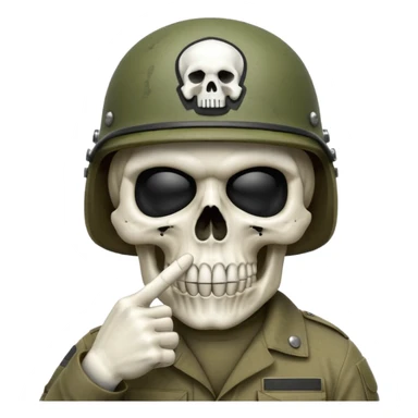 A bold emoji-style white skull wearing a realistic modern army helmet, making a shushing gesture (index finger bone held up to mouth area). Clean vector style,modern emoji aesthetic.The helmet has detailed realistic texture. No body sticker