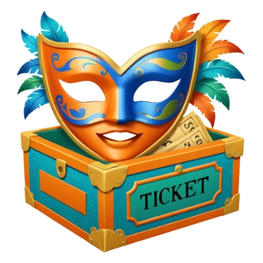a box and a carnival mask in orange, blue and green with tickets as a bundle sticker