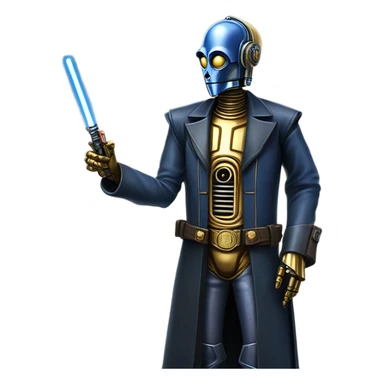 tarnished undercover tough well-equipped Jedi  life-sized darkblue-pearl C3po as a friendly droid wearing a leather clothing old west duster coat holding light saber  sticker