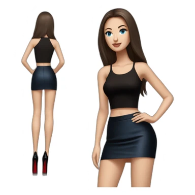 realist caucasian long dark brown, blue eyes woman, black crop top black tight mini skirt, High heel black patent louboutin, full body sticker