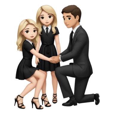  Sabrina carpenter kneeling down wearing a black dress with a tie with black heel sandals, putting her hand on man’s leg who is standing  sticker