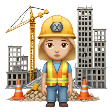 apple style emoji of a child looking guilty next to a broken city construction set sticker