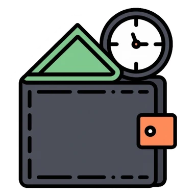 black wallet with dollars inside and a small clock in top right corner positioned above the wallet sticker