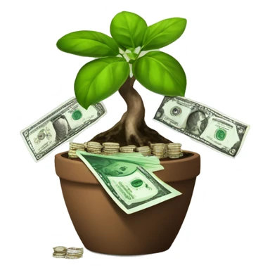 a plant in a brown pot of diamonds growing a mini bonsai tree with dollar bills as the foliage the plant is growing money the leaves of the plant are money sticker