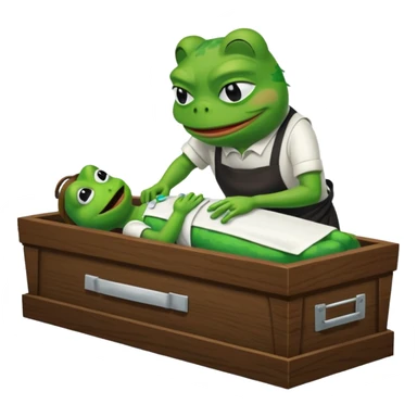 A coffin with "ECHO" written on it, being nailed shut by a Pepe the frog character. sticker