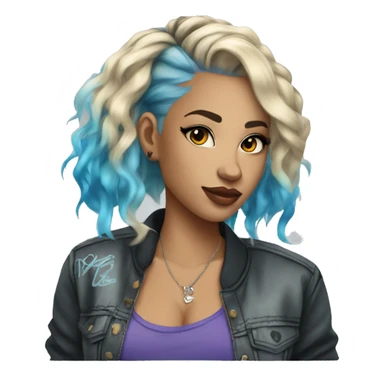 Lady wearing trendy graffiti street clothes with blonde hair with highlights and a blue dyed hair streak and tattoos sticker