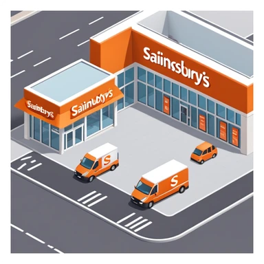 Isometric Sainsbury's store with distinctive orange logo, Argos section inside, self-checkout area visible through windows, and delivery vans sticker