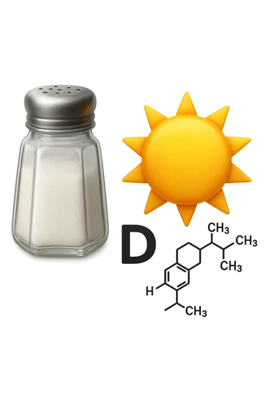 emoji stile iphone di una boccetta di sale, un sole, una particella chimica di VITAMINA D, IPERREALISTICO 4K sticker