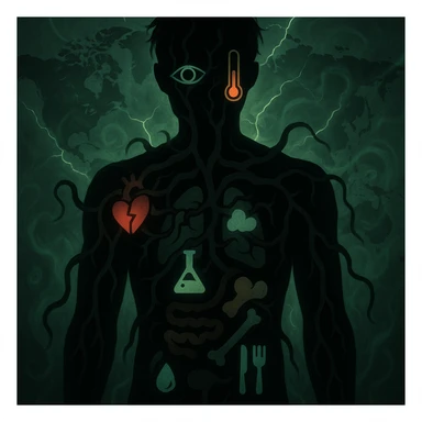 semi-realistic, medical-fantasy human silhouette, parasite tendrils reach organs, each organ with a medical symbol (⚡, 💔, 💨, 🧪, 💩, 🦴, 🌡️, 👁️, 💧, 🍽️), world map, glowing cracks, green mist sticker