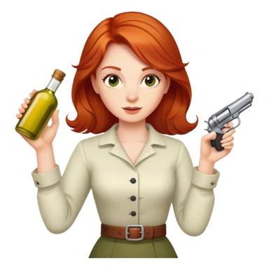 redhead person holding olive oil bottle like a pistol, playful pose sticker