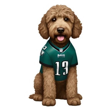 Brownish Labradoodle dog wearing a Philadelphia eagles jersey sticker