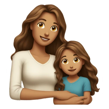Mom with long brown beautiful hair and daughter with long brown hair hugging sticker