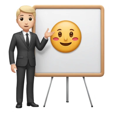 A clean emoji-style illustration of a person giving a presentation, standing next to a large presentation board on a stand, board is white and there is nothing on it, the board is oversized and clearly visible, no podium, no desk, no table, friendly proportions, soft 3D emoji style sticker