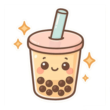 chibi sticker-style bubble tea with sparkles, cute and exaggerated sticker