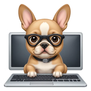 Fawn Frenchie with black muzzle working behind computer sticker