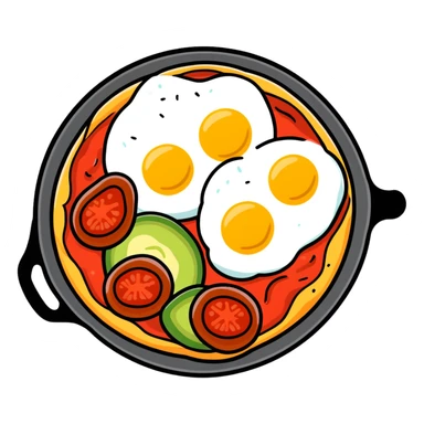 A delicious breakfast skillet with pizza cheese, tomato sauce, pepperoni, sliced avocado, and a sunny side up egg sticker