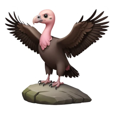 a vulture — large bird with dark brown feathers, bald pinkish head, curved beak and sharp eyes — standing proudly on a rock — wings slightly open — realistic yet cute cartoon emoji look, clean lighting, soft shadows. sticker