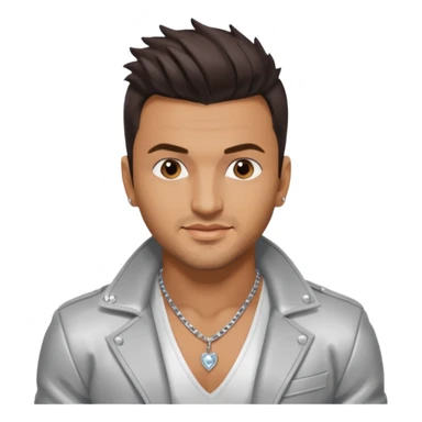 Peter Andre with dark brown hair, shirtless with necklace, silver jacket sticker