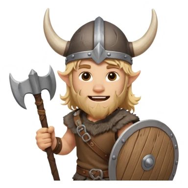 A young Viking warrior with messy hair, wooden shield, and fierce excited grin with horned helmet sticker
