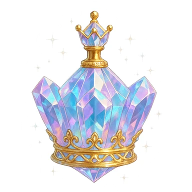 luxurious crystal elixir bottle shaped like a crown, pastel color gradient, lots of shine, facets, ornaments, golden details, magical effects, very small golden neck, transparent background, beautiful connected base, clearly floating in the air, no base or shadow, premium class impression, interesting design, fits a collection of crystal, luxurious, magical bottles sticker