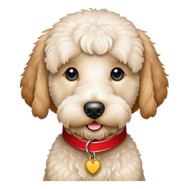 White goldendoodle with a red collar sticker