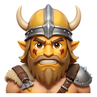 Clash of Clans aesthetic friendly Barbarian Portrait Emoji, Poised and bold with a rugged yet cartoonish build in tattered furs and a horned helmet, his face rendered in a natural skin tone (not yellow), expressive bright eyes and a confident smirk, Simplified yet dynamic features, highly detailed, glowing with a vivid, adventurous aura, high shine, heroic and spirited, stylized with an air of medieval warrior charm, focused and energetic, soft glowing outline, capturing the essence of a fearless barbarian adventurer ready to lead his clan with spirited valor! sticker