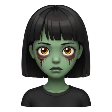 Zombie girl emoji verde escuro com cabelo curto liso preto no ombro e franja na altura da sobrancelha cobrindo completamente a testa, com uma blusa preta, olhos castanhos escuros sticker
