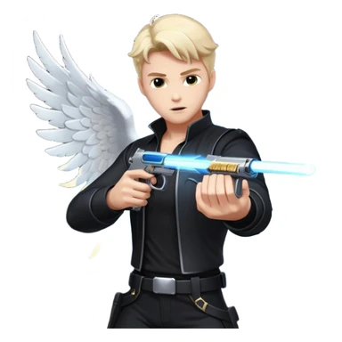 male Angel dual-wielding pistols, shooting, dynamic action pose, glowing wings, black clothes no background














 sticker