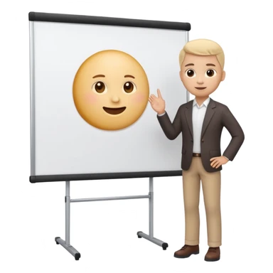 A clean emoji-style illustration of a person giving a presentation, standing next to a large presentation board on a stand, the board is oversized and clearly visible, no podium, no desk, no table, friendly proportions, soft 3D emoji style sticker