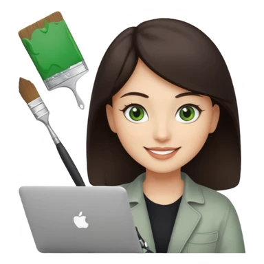 happy Graphic designer whit a MacBook, him eyes green color and dark brown hair, he is paint artist sticker