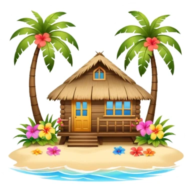 Hawaiian beach house, small tropical house, wooden walls, thatched roof, colorful flowers, palm trees, cute mobile game icon, 3D cartoon, bright colors, soft shadows, clean background, no text, no watermark sticker