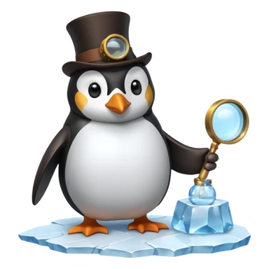 a steampunk engineer penguin analysing a data stream with a magnifying glass on top of an iceberg sticker