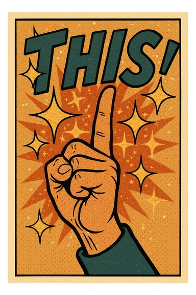 Add sparkles around the hand and the word THIS, keep the energetic and expressive comic style. sticker