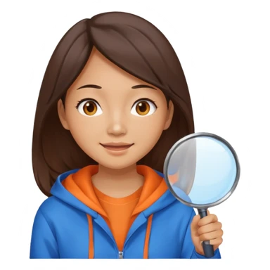 A brunette smiling asian woman wearing orange-blue hoodie holding a large magnifying glass and squinting at something to intently sticker