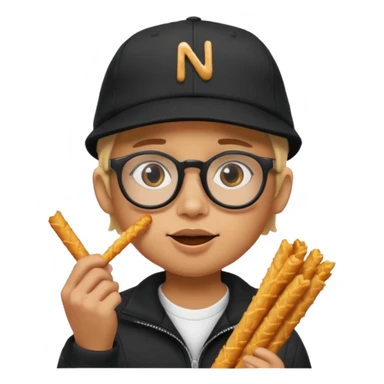 num num eatting hashbrown sticks with a plain black cap and glasses no hair add the words Rollin' 18 to hat sticker