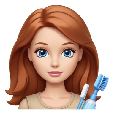 A Barbie girl with blue eyes, shoulder-length reddish-brown hair, made-up, and beige clothes is cleaning sticker
