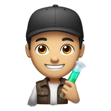 "Light-skinned Latino male with short black hair, wearing a backward cap. Brown eyes, slightly thick lower lip, smiling. Holding a test tube in one hand and a video game controller in the other. Cartoon style sticker