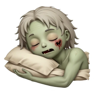 Meme-Worthy Cute Sleeping Zombie Portrait Emoji, with a delightfully quirky, slightly disheveled decaying face in soft ashen hues, head tilted back in peaceful, relaxed sleep with softly closed eyes and a tiny, endearing smile, simplified yet irresistibly charming, highly detailed with a soft eerie glowing outline that captures the gentle, unexpected cuteness of a zombie in serene repose! sticker
