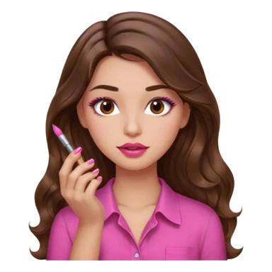 girl with long wavy brown hair, brown eyes, light to medium complexion, in a pink shirt, pink lips, long lashes, puckered lips,  painting long nails sticker