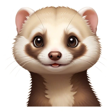 Cinematic Cute Ferret Portrait Emoji, Head tilted playfully, with an elongated, flexible body and a characteristically curious expression, featuring a short, pointed snout, bright, sparkling eyes, and soft fur in warm brown and cream tones, Simplified yet irresistibly adorable features, highly detailed, glowing with a warm, friendly glow, high shine, affectionate and lively, stylized with a touch of whimsical mischief, soft glowing outline, capturing the essence of a fun-loving and mischievous ferret that feels like it could scamper straight into your heart! sticker