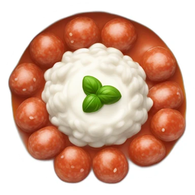 Plein de rondelles de saucisse mélanger à de la sauce tomate sur du riz blanc dans un petit bol sticker