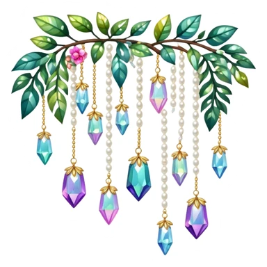Few cute tiny Iridescent glistening glossy sparkly shiny glittery hanging crystals pearls and beads and gemstones scenery scenic decorations with plants and flowers sticker