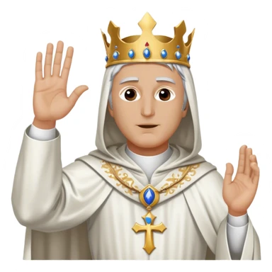 Create an emoji-style image of King Baldwin IV from Kingdom of Heaven. He is standing with his head bowed, wearing a silver mask that covers his face. His right hand is raised in a blessing gesture, and he is dressed in a holy white robe. sticker