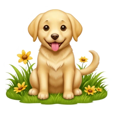 A yellow Labrador Retriever sitting on a grassy field, smiling with its tongue out under bright sunlight. Realistic lighting, outdoor park setting, friendly expression, high detail. sticker