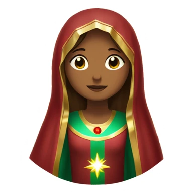 Virgin Mary: kind face looking down at the left, long brown hair, Wearing an emerald green  robe with gold stars and a burgundy red dress,  Hands in prayer or blessing. Halo around her head. standing in front of a big sun.  sticker