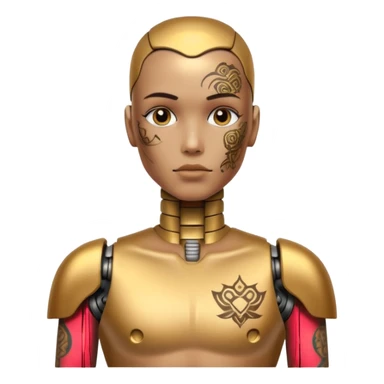 gold Tatooed robot with rada, big many tatooes on chest, neck and face, white tatoo on face sticker