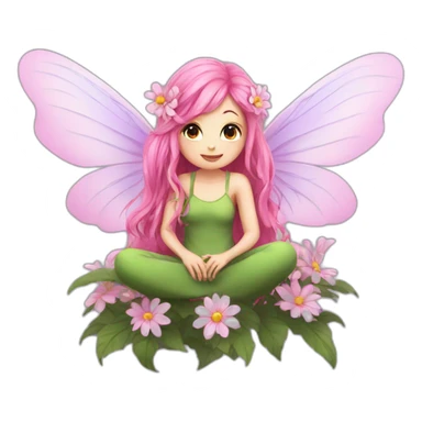 long pink hair fae with wings sitting on flower sticker
