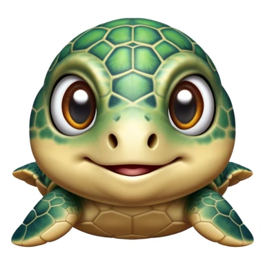 Cinematic Realistic Cute Sea Turtle Portrait Emoji, Head tilted playfully and inquisitively, featuring a compact, gentle form with a beautifully detailed shell adorned with natural patterns and a soft, expressive face with sparkling eyes, rendered with realistic textures and warm ambient light; high shine, affectionate and spirited, styled with a touch of marine whimsy, soft glowing outline, capturing the essence of a mischievous yet lovable sea turtle that seems ready to swim playfully into your arms! sticker